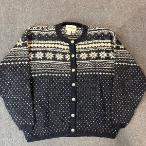 Eddie Bauer Fair Isle Wool Cardigan Knit Sweater Women’s Large VTG USA Blue